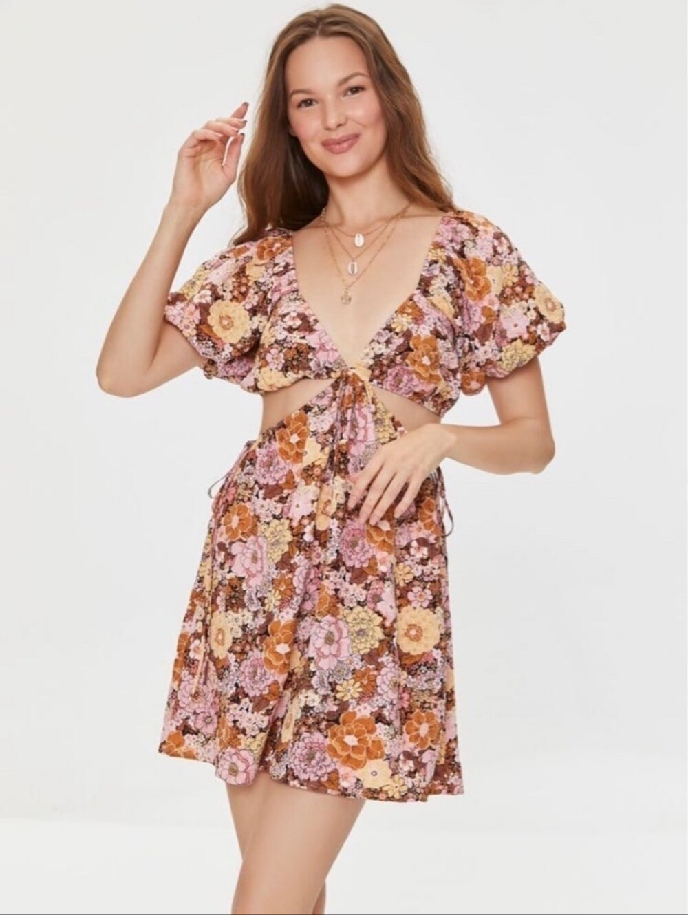 Forever 21 Pink and Brown Floral Tie-Front Mini Dress